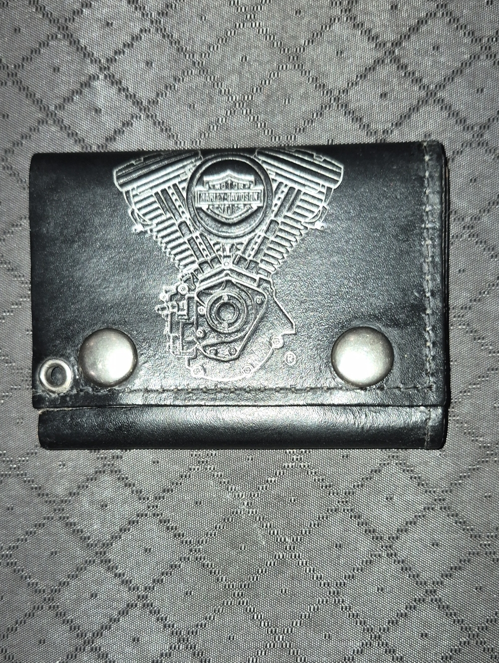 Vintage Harley-Davidson Black Leather Trifold Wallet with Silver Engine Emblem